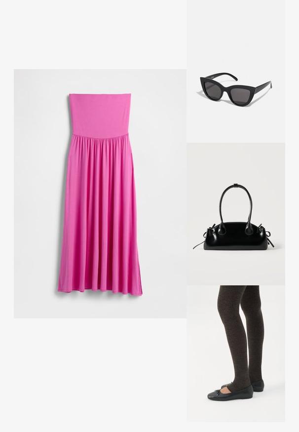 Vestido largo rosa sin tirantes hecho de tela ligera. Presenta un corpiño ajustado y una falda fluida con cintura fruncida.; Piernas con leggings oscuros acanalados combinados con bailarinas negras que presentan pequeños detalles de lazo sobre un fondo blanco.; Gafas de sol negras en forma de ojo de gato con un acabado mate, que presentan lentes ahumados grises, ángulos pronunciados y brazos laterales elegantes. Nombre de la marca visible en el interior del brazo.; Pequeño bolso negro brillante con dos asas largas y detalles de cordón lateral sobre un fondo claro liso.
