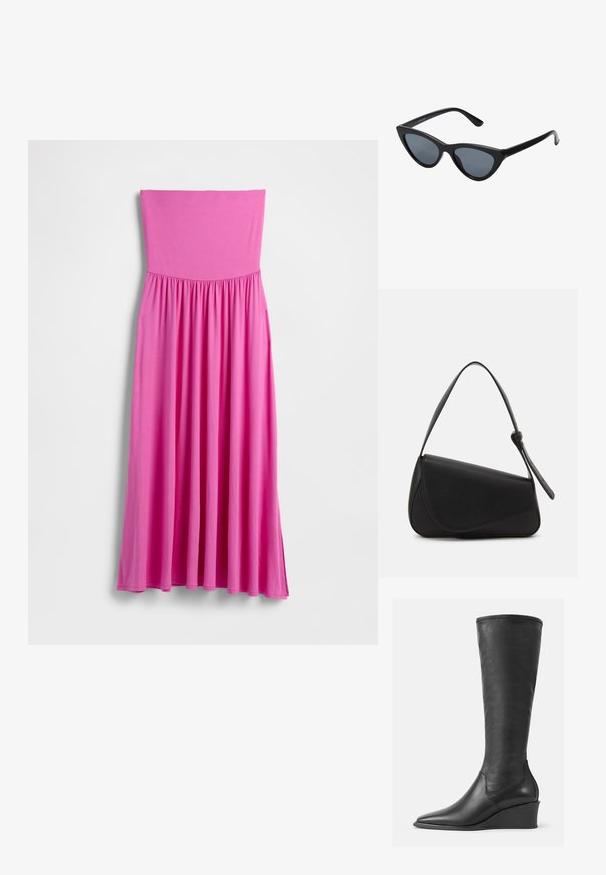 Vestido largo rosa sin tirantes hecho de tela ligera. Presenta un corpiño ajustado y una falda fluida con cintura fruncida.; Botas de cuero negras hasta la rodilla con una textura suave, puntera afilada y tacón de cuña; presentan un borde cosido en la parte superior.; Gafas de sol negras en forma de ojo de gato con lentes gris oscuro, marco de plástico elegante, esquinas puntiagudas y patillas rectas. Sin herrajes ni acentos visibles.; Bolso de mano de cuero negro con forma triangular, tapa en ángulo y un asa superior redondeada. Presenta una textura suave y detalles de diseño minimalistas.
