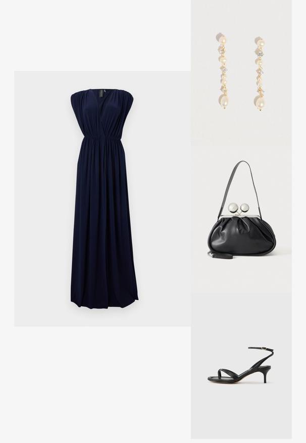 Robe maxi bleu marine en tissu fluide, avec un décolleté en V profond, des épaules froncées et une taille élastique pour marquer la silhouette.; Sandale pour femme en cuir noir avec fines lanières, une boucle d'orteil, une boucle à la cheville et un talon aiguille de hauteur moyenne sur un fond neutre.; Sac à main en cuir noir avec un design plissé, une sangle unique, un cadre métallique argenté et deux grandes fermoirs ronds en argent.; Boucles d'oreilles dorées présentant une disposition verticale de perles rondes et d'accents en cristal, mettant en valeur une texture lisse et un design élégant.