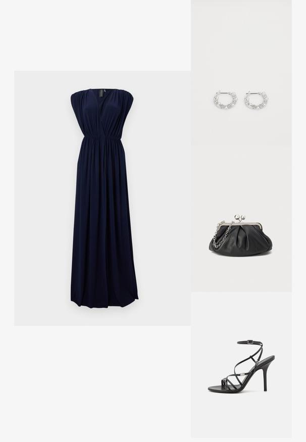 Robe maxi bleu marine en tissu fluide, avec un décolleté en V profond, des épaules froncées et une taille élastique pour marquer la silhouette.; Sandale noire à talons hauts avec des brides fines, une boucle à la cheville, une surface en cuir lisse et un talon aiguille élancé.; Porte-monnaie en cuir noir avec texture froncée, cadre en métal argenté, fermeture à verrouillage kiss-lock et bandoulière en chaîne. Surface lisse et douce.; Boucles d'oreilles en argent en forme de créoles avec des accents de perles et de cristaux, présentant une surface texturée et une fermeture à tige sécurisée.