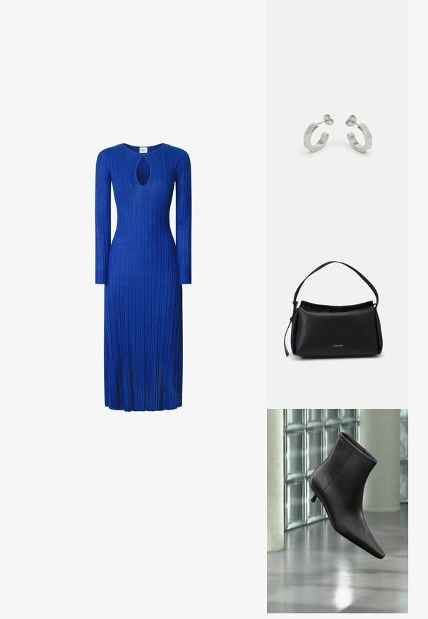 Vestido de manga larga de tela azul con diseño de canalé, que presenta un corte en forma de llave en el escote y una silueta ajustada hasta la mitad de la pantorrilla.; Bota de cuero negro para el tobillo con puntera puntiaguda y tacón pequeño, exhibida frente a una pared de bloques de vidrio y un suelo pulido.; Bolso de mano de cuero negro con una forma curva, una sola correa y un cierre de cremallera en la parte superior. Presenta un logo sutil en la parte delantera para la marca.; Pendientes aros de metal plateado con un diseño texturizado, que cuentan con un pequeño respaldo de clip y una marca en uno de los aros. Forma redondeada con un acabado pulido.