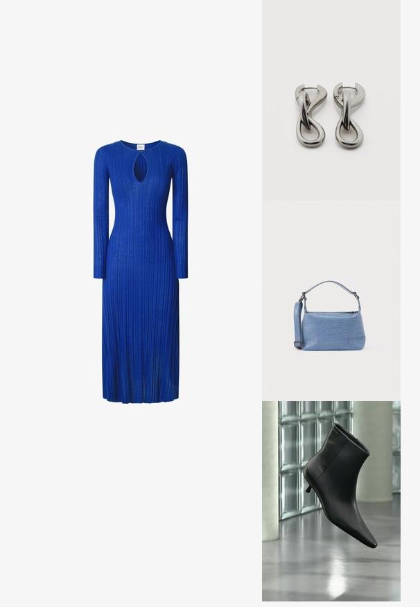 Langärmliges, geripptes Kleid aus blauer Stoff, das einen Ausschnitt in Form eines Schlüssellochs am Halsausschnitt und eine figurbetonte Silhouette bis zur Mitte der Wade aufweist.; Schwarzer Leder-Stiefelette mit spitzer Zehenpartie und niedrigem Kitten-Heel, schräg dargestellt vor einem polierten Boden und einer Glasbausteinwand.; Hellblaue Handtasche mit Krokodilleder-Prägung, kurzem Griff und abnehmbarem Schulterriemen. Glatte Textur mit Reißverschlussverschluss.; Paar silberfarbene Metallohrringe mit abstraktem ineinandergreifendem Schlaufen-Design auf weißem Hintergrund.