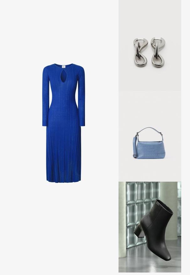 Vestido de manga larga de tela azul con diseño de canalé, que presenta un corte en forma de llave en el escote y una silueta ajustada hasta la mitad de la pantorrilla.; Botín de cuero negro con tacón cuadrado, logo DKNY cerca de la parte superior, exhibido frente a una pared de bloques de vidrio y suelo de hormigón pulido.; Bolso azul claro con relieve de cocodrilo, asa corta y correa de hombro desmontable. Textura lisa con cierre de cremallera.; Par de pendientes de metal con acabado plateado y diseño abstracto de bucles entrelazados sobre un fondo blanco.