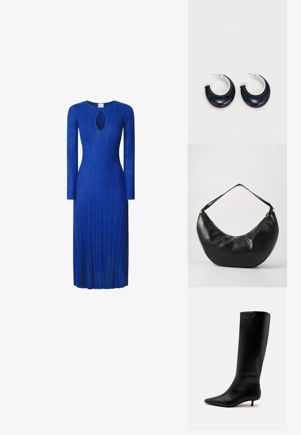 Langärmliges, geripptes Kleid aus blauer Stoff, das einen Ausschnitt in Form eines Schlüssellochs am Halsausschnitt und eine figurbetonte Silhouette bis zur Mitte der Wade aufweist.; Schwarzer kniehoher Lederstiefel mit spitz zulaufender Schuhspitze und niedrigem Kittenabsatz vor einem schlichten hellen Hintergrund.; Schwarze Leder-Schultertasche mit geschwungener Form, weicher Textur und einem einzelnen Riemen; verfügt über einen goldenen Reißverschluss und dezente Markenkennzeichnung.; Schwarze Harz-Hoops mit glänzender Oberfläche und silberfarbenen Hardware-Details. Zirkulare Form mit Ausschnitt und Post-Back-Verschluss.