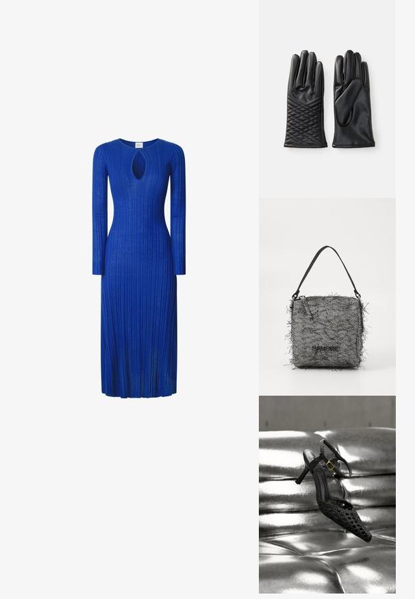 Vestido de manga larga de tela azul con diseño de canalé, que presenta un corte en forma de llave en el escote y una silueta ajustada hasta la mitad de la pantorrilla.; Sandalia de tacón alto de piel negra trenzada con correa en el tobillo y hebilla dorada, presentada sobre una superficie plateada acolchada y brillante.; Bolso de espiga negro y blanco tejido con bordes deshilachados, que cuenta con una correa delgada para el hombro y un logo en la parte frontal.; Guantes de cuero negro con un diseño elegante. El guante izquierdo presenta una textura acolchada, mientras que el guante derecho tiene un acabado liso.