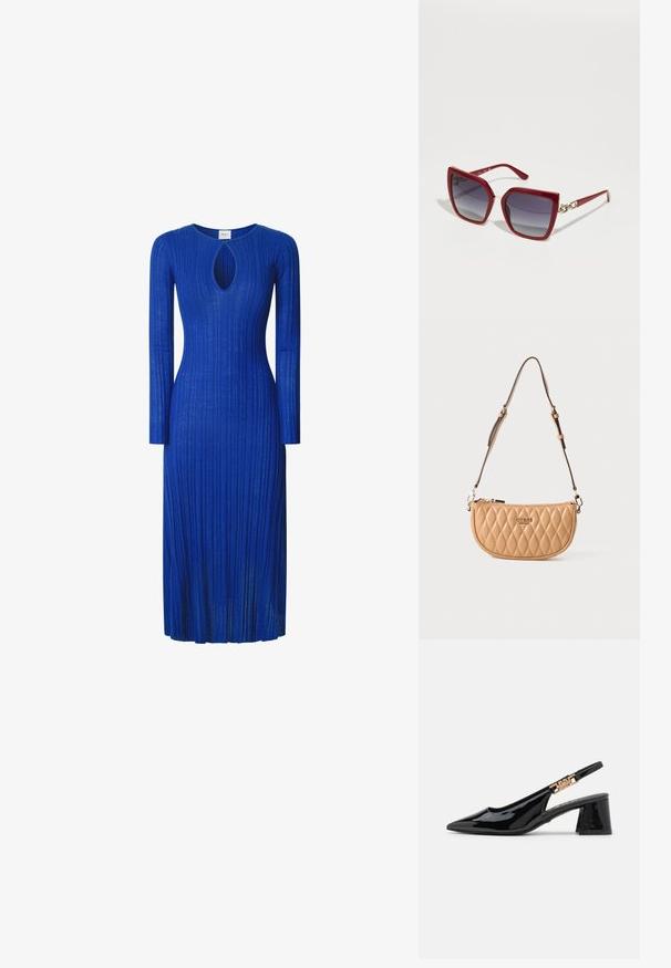 Vestido de manga larga de tela azul con diseño de canalé, que presenta un corte en forma de llave en el escote y una silueta ajustada hasta la mitad de la pantorrilla.; Zapatos de charol negro con tacón de pala y puntera afilada, con detalles en tono dorado en la correa, que presentan un tacón cuadrado. Textura suave.; Gafas de sol rojas de gran tamaño con forma geométrica, lentes gris degradado y acentos de cadena dorada en la patilla. Montura de plástico brillante.; Bolso de mano acolchado marrón con forma curva, que presenta un logo dorado, correa ajustable y cierre de cremallera. Cuero suave con un acabado brillante.