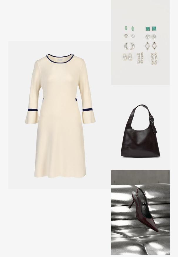Krem midi-kjole med trekvartlange klokkeærmer, navy kant på halsudskæring, manchetter og talje, ribstrikket stof.; Mørkerød slingback højhælet sko med spids snude, hvilende på en blank, metallisk sølv polstret overflade.; Brun læder skuldertaske med en glat tekstur, rund form, bred rem og cirkulært metalaccent på håndtaget.; Seks par sølv- og grønne ørestikker og creoler arrangeret i to lodrette kolonner på en hvid baggrund.
