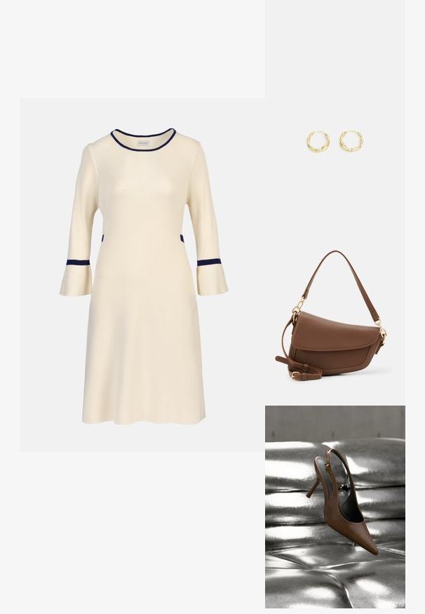 Krem midi-kjole med trekvartlange klokkeærmer, navy kant på halsudskæring, manchetter og talje, ribstrikket stof.; Brun læder højhælet slingback sko, der svæver over en skinnende, sølvfarvet, tuftet lædersofa.; Brun læder skuldertaske med en tekstureret overflade, buet form, guldfarvet hardware, justerbar rem og klaplukning.; Guld hoops øreringe med en tekstureret, ujævn overflade. Har et let design og cirkulær form, egnet til hverdagsbrug.