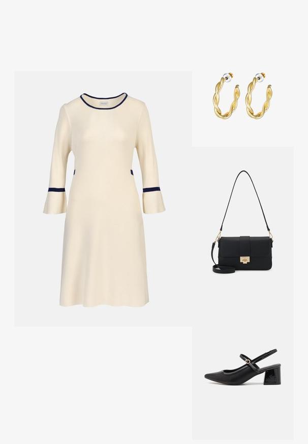 Krem midi-kjole med trekvartlange klokkeærmer, navy kant på halsudskæring, manchetter og talje, ribstrikket stof.; Sorte patentlæder slingback hæle med spids tå, rund udskæring og blokhæl. Har en guldtonet spændeaccents.; Sort faux læder skuldertaske med rektangulær form, guld hardware, magnetlås og aftagelig rem. Tekstureret overflade.; Guld snoede hoops øreringe med en glat overflade, der har en transparent baggrund og hardware i guldtoner.