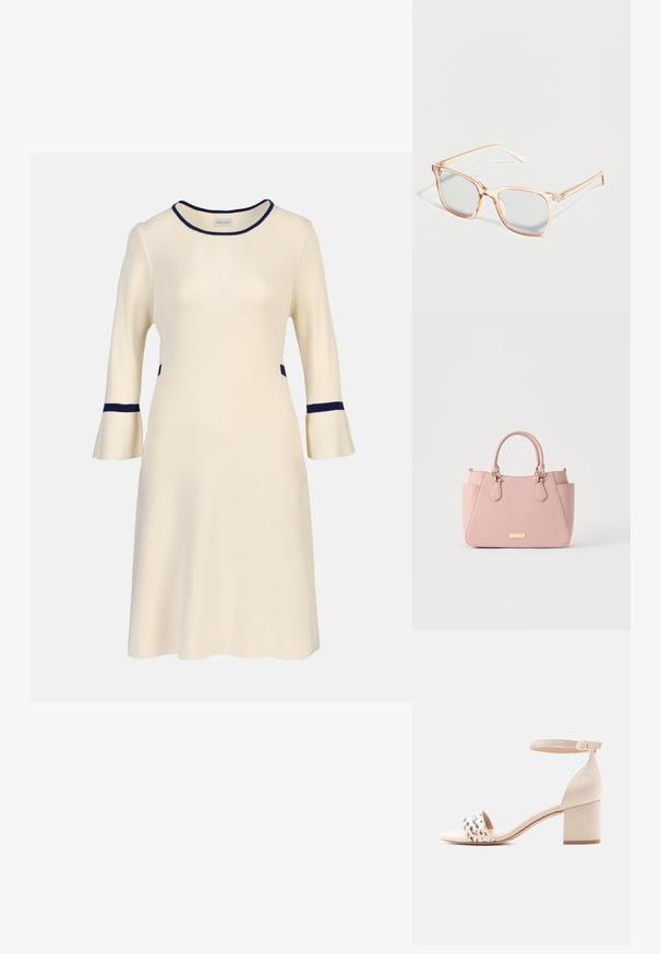 Krem midi-kjole med trekvartlange klokkeærmer, navy kant på halsudskæring, manchetter og talje, ribstrikket stof.; Beige sandaler med blokhæl i ruskind, ankelrem og leopardmønstret forrem, åben tå og spænde.; Gennemsigtige beige rektangulære briller med klare linser placeret på en hvid overflade.; Lyserød struktureret håndtaske med to øverste håndtag, sidelommer og en lille guldfarvet mærkeplade foran.