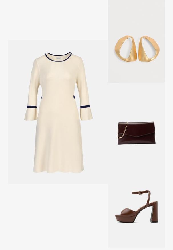 Krem midi-kjole med trekvartlange klokkeærmer, navy kant på halsudskæring, manchetter og talje, ribstrikket stof.; Brun læder platform sandal med tyk høj hæl, åben tå og justerbar ankelrem med gyldent spænde, vist fra siden.; Læder clutch i mørk burgundy med en kuvertdesign. Har en guldkædebærer, glat overflade og en spids flaplukning.; Par af uregelmæssige, asymmetriske gyldne hoop-øreringe med en glat, mat finish på en neutral baggrund.