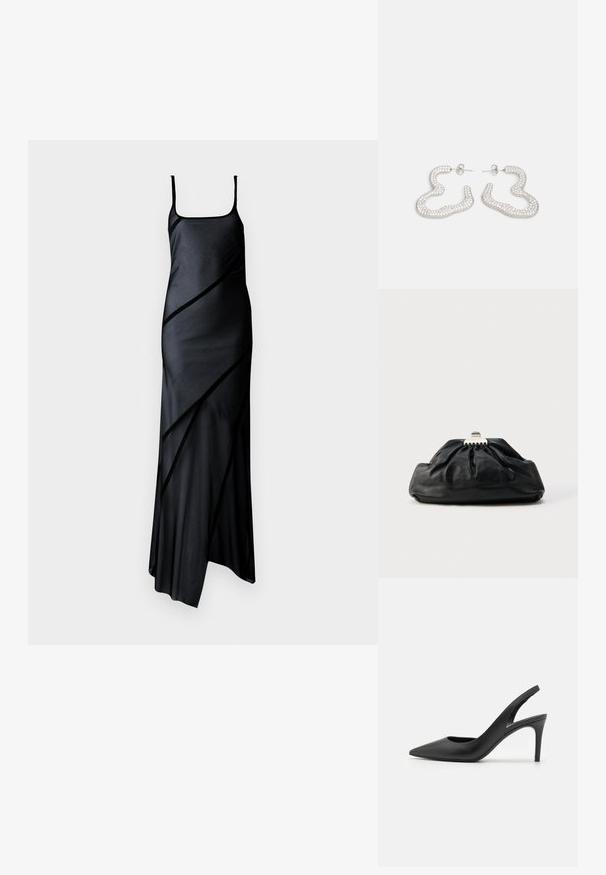 Sort satin kjole med tynde stropper, der har en tætsiddende krop og asymmetrisk kant, fremhævet med diagonale gennemsigtige paneler.; Sorte læder slingback høje hæle med spids tå-design, der har en udskæring fortil og en tynd stiletto-hæl.; Sort læderclutch med en samlet tekstur, metal lukning og diskret præget logo på forsiden. Rundet form.; Sølvfarvede øreringe med et bølget, abstrakt design prydet med små, funklende krystaller. Sikret med en studs baglukning.