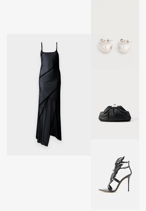 Sort satin kjole med tynde stropper, der har en tætsiddende krop og asymmetrisk kant, fremhævet med diagonale gennemsigtige paneler.; Sort højhælet sandal med vingeformede blanke dekorative elementer og dobbelte ankelstropper med sølvspænder.; Sort læderclutch med en samlet tekstur, metal lukning og diskret præget logo på forsiden. Rundet form.; Par af skinnende sølv store øreringe med lukning på bagsiden mod en ensfarvet hvid baggrund.