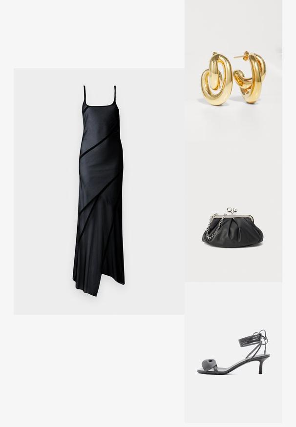 Sort satin kjole med tynde stropper, der har en tætsiddende krop og asymmetrisk kant, fremhævet med diagonale gennemsigtige paneler.; Grå læder sandal med hæl, knyttet rem ved tæerne og snørebånd, der vikles om anklen, på slank mellemhøj hæl mod hvid baggrund.; Sort læder clutch med samlet tekstur, sølvfarvet metalramme, kys-lås lukning og kædestrop. Glat, blød overflade.; Charlotte Chesnais BO INITIAL BLOW - Øreringe - gold-coloured