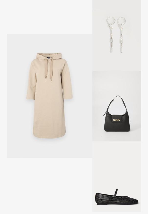 Beige jurk met capuchon, met een relaxte pasvorm, driekwartmouwen en aantrekknoopjes. Kenmerkt zijsplitten en geborduurd logo op de borst.; Zwarte mesh Mary Jane platte schoen met gesloten neus, lage hak en een enkele band over de wreef, zijaanzicht op witte achtergrond.; Zwarte lederen schoudertas met een gestructureerde vorm, voorzien van een gouden "DKNY" logo op de voorkant en een korte, verstelbare schouderriem.; Zilveren hangende oorbellen met rechthoekige en ronde heldere kristallen in een verticale lijn, bevestigd met leverback-sluitingen.