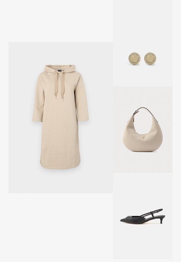 Beige jurk met capuchon, met een relaxte pasvorm, driekwartmouwen en aantrekknoopjes. Kenmerkt zijsplitten en geborduurd logo op de borst.; Zwarte slingback schoenen met een puntige neus, gemaakt van glad materiaal, met een kleine hak en een decoratieve zilverkleurige accent op de wreef.; Beige leren hobo-tas met een gladde textuur, afgeronde vorm en een enkele zwarte riem. Voorzien van details van goudkleurig metaal.; Gouden stud oorbellen met een cirkelvormig ontwerp, een getextureerd middenstuk met de gravure "BOSS", omringd door een ring van heldere, sprankelende stenen.