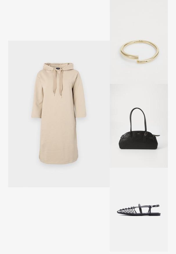 Beige hættekjole med en løs pasform, trekvartærmer og snore. Har sideslitser og broderet logo på brystet.; Sort flad sandal med flere tynde remme, ankelrem med spænde og åben tå-burdesign på hvid baggrund.; Sort læderhåndtaske i rund form, med to lange håndtag, guldfarvet hardware og et lille mærke vedhæftet. Lynlåslukning på toppen.; Calvin Klein SPIRAL - Armbånd - gold-coloured