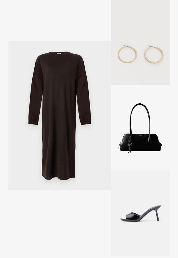 DRYKORN RIMONE - Vestido de punto - brown; Sandalias de tacón con punta abierta de charol negro, con un diseño superior curvado y tacón de aguja cónico. Acabado liso y brillante.; Bolso de cuero negro Calvin Klein con correa larga para el hombro, laterales con cremallera y un colgante decorativo colgando de una correa.; Par de pendientes de aro de tamaño mediano con tono dorado y cierre de bisagra sobre un fondo claro y liso.