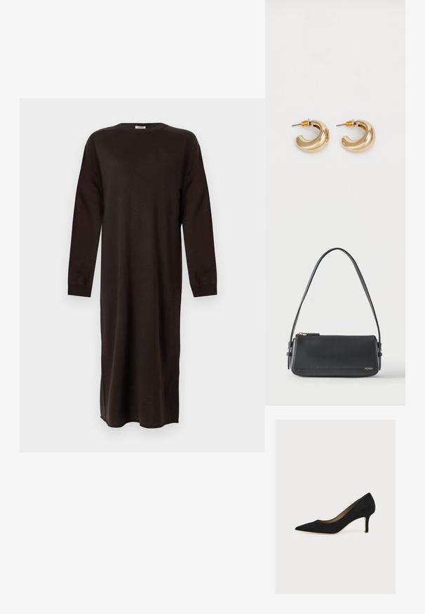 DRYKORN RIMONE - Vestido de punto - brown; Zapato de salón negro de ante con punta afilada, tacón stiletto de altura media y suela interior color cuero claro sobre un fondo claro.; Bolso de hombro rectangular de cuero negro con cremallera dorada y pequeño logo dorado "HUGO" en el frente, con una correa ajustable con hebilla.; Dos pendientes de aro dorados brillantes en un diseño curvado, con acentos naranjas cerca del poste, sobre un fondo blanco liso.