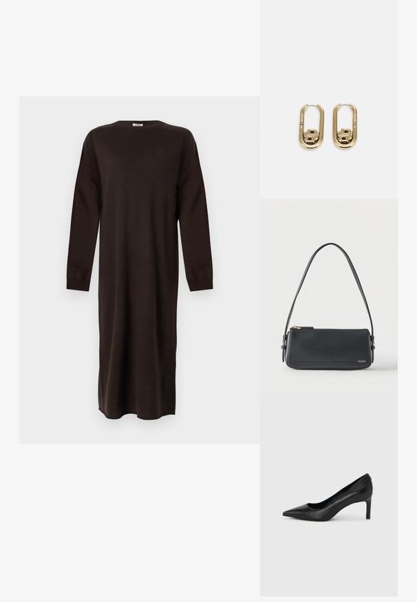 DRYKORN RIMONE - Vestido de punto - brown; Zapato de salón negro de piel con punta afilada y tacón delgado de altura media sobre un fondo liso de color gris claro.; Bolso de hombro rectangular de cuero negro con cremallera dorada y pequeño logo dorado "HUGO" en el frente, con una correa ajustable con hebilla.; BOSS DOUBLE B SWING - Pendientes - gold-coloured