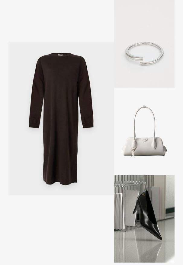 DRYKORN RIMONE - Gebreide jurk - brown; Zwart hooggehakt schoen met puntige neus en gouden logo, geplaatst op een reflecterend oppervlak naast een verchroomde draadordner met documenten.; Witte Calvin Klein schoudertas met lange hengsels, rechthoekige vorm, ritssluiting en decoratieve logohanger bij het hengsel.; Calvin Klein SPIRAL - Armband - silver-coloured