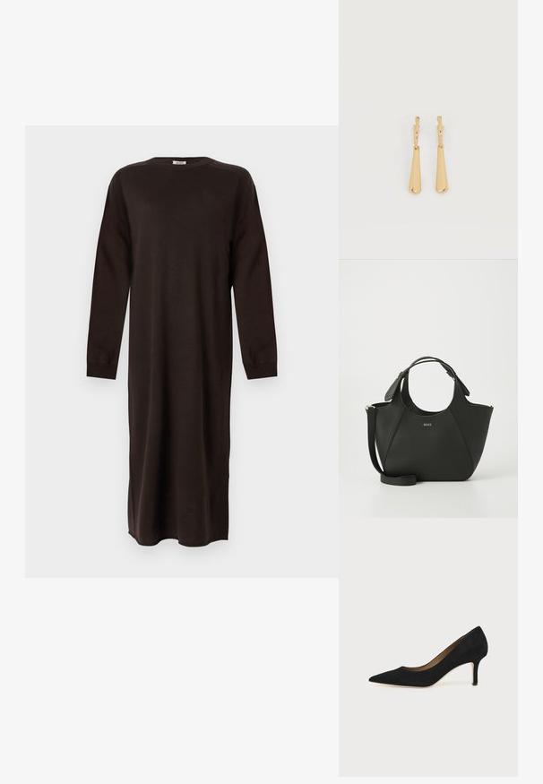 DRYKORN RIMONE - Vestido de punto - brown; Salón de ante negro con punta puntiaguda, tacón de aguja delgado de altura media y diseño de corte bajo sobre un fondo liso.; Bolso de mano de piel negra con superficie texturizada, diseño curvado, asas dobles y una correa desmontable. Presenta un logotipo de la marca en la parte frontal.; Pendientes colgantes en tono dorado con colgantes alargados y suaves en forma de lágrima, colgando de cierres de aros pequeños sobre un fondo blanco.