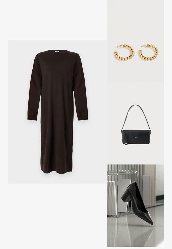 DRYKORN RIMONE - Robe pull - brown; Chaussure à talon haut en cuir noir à bout pointu avec talon carré, suspendue au-dessus d'un sol réfléchissant près d'un organiseur métallique pour dossiers contenant des documents.; Sac à épaule en cuir noir avec logo doré "BOSS" sur le devant et un petit emblème doré suspendu à la sangle latérale.; Paire de boucles d’oreilles créoles dorées avec des détails de perles arrondies le long du bord extérieur sur un fond clair.