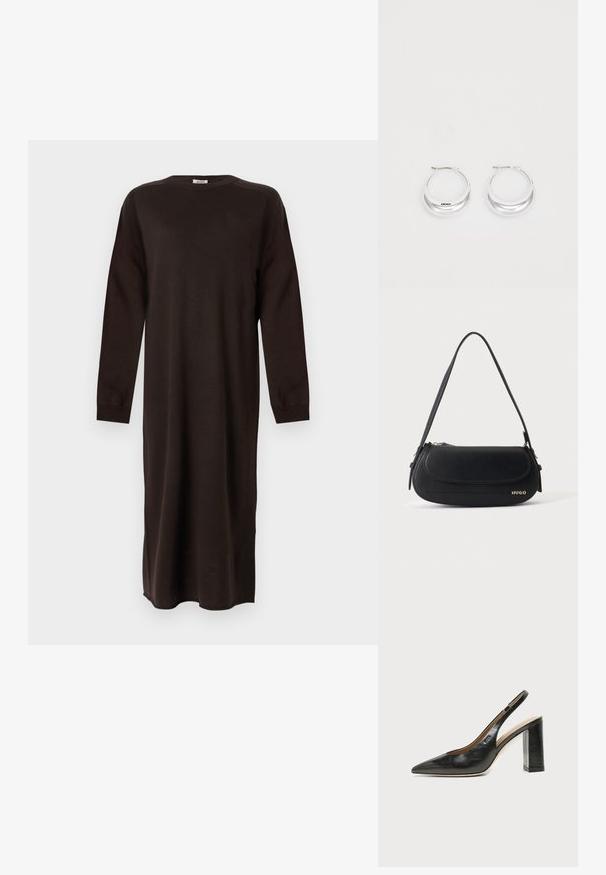 DRYKORN RIMONE - Robe pull - brown; Chaussure slingback en cuir noir à bout pointu avec un talon bloc haut et une doublure intérieure beige sur un fond clair uni.; Sac à épaule en cuir noir avec rabat incurvé, logo doré "HUGO" sur le devant, et une bandoulière réglable.; Boucles d'oreilles en argent avec une finition polie et un branding DKNY, présentées sur un fond blanc uni.