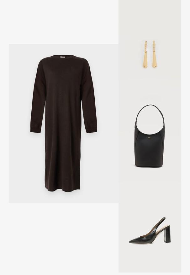 DRYKORN RIMONE - Gebreide jurk - brown; Zwarte leren slingback schoen met spits toelopend neusje, hoge blokhak en beige binnenvoering tegen een effen lichte achtergrond.; Zwarte leren emmerhandtas met enkele schouderband en klein gouden BOSS-logo centraal geplaatst nabij de bovenkant aan de voorkant.; Oorbellen in goudkleur met glanzende, langgerekte druppelvormige hangers die aan kleine oorringen hangen, op een witte achtergrond.