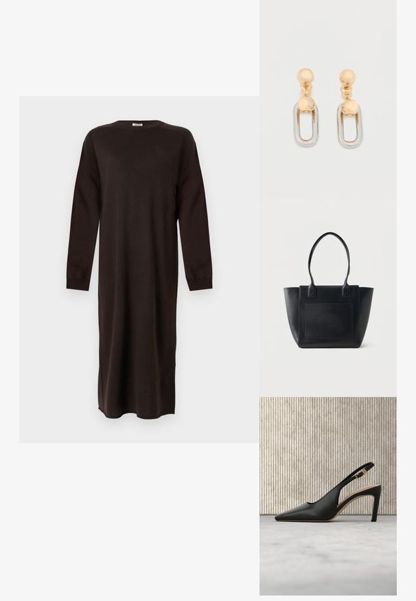 DRYKORN RIMONE - Strikkjoler - brown; Sort læder slingback højhælede sko med spids tå, justerbar guldbuckle-rem og beige indersål.; Sort læder tote taske med to håndtag og syet frontlomme med præget Karl Lagerfeld Paris tekst.; Guld- og sølvøreringe med en kugleformet top og et forlænget, ovalformet hængende element med en skinnende finish.