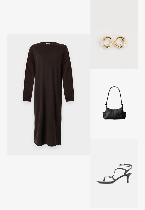 DRYKORN RIMONE - Strikkjoler - brown; Sort midhæl sandal med stropper, guld accenter perler og ankelrem med spænde på hvid baggrund.; Sort læder skuldertaske med lang rem, sidelommer og præget Calvin Klein-logo på fronten.; Guld cirkulære øreringe med to små sølv-ringe på hver, der viser subtile indgraverede mærkenavne detaljer, sat på en hvid baggrund.