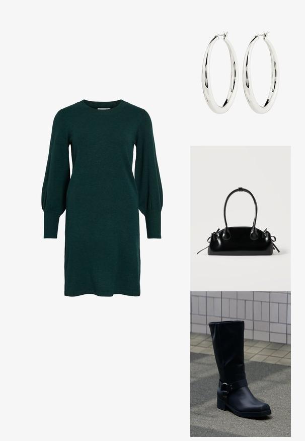 Vestido de punto verde con escote redondeado, mangas largas abullonadas y puños acanalados. La tela parece suave con una textura lisa.; Bota negra de cuero hasta la mitad de la pantorrilla con un tacón bajo de bloque y una correa decorativa con hebilla metálica alrededor del tobillo, sobre un pavimento de baldosas.; Pequeño bolso negro brillante con dos asas largas y detalles de cordón lateral sobre un fondo claro liso.; Pendientes de aro de plata con una superficie lisa y reflectante. Forma redonda y grande con un cierre seguro en la parte superior. El acabado pulido resalta el brillo.