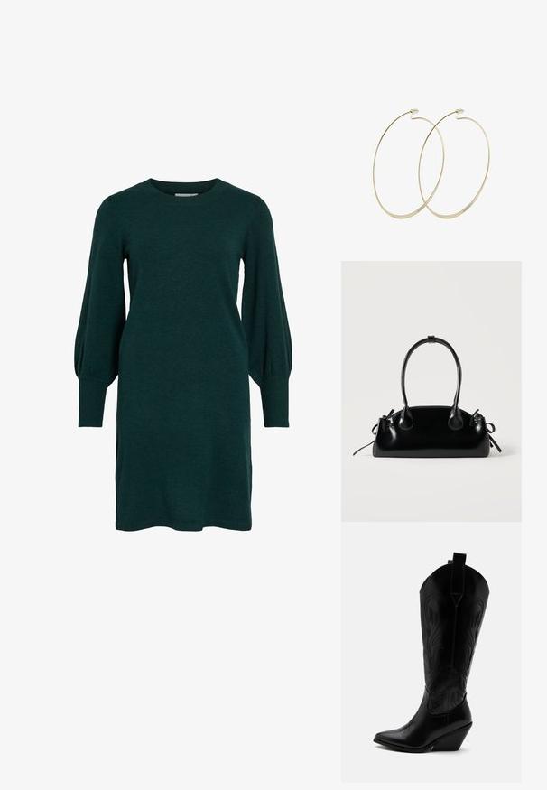 Vestido de punto verde con escote redondeado, mangas largas abullonadas y puños acanalados. La tela parece suave con una textura lisa.; Bota de vaquero de cuero negro con punta puntiaguda, tacón bloqueado inclinado, costuras decorativas y lengüetas en la parte superior sobre fondo blanco.; Pequeño bolso negro brillante con dos asas largas y detalles de cordón lateral sobre un fondo claro liso.; Pilgrim Pendientes - gold-coloured