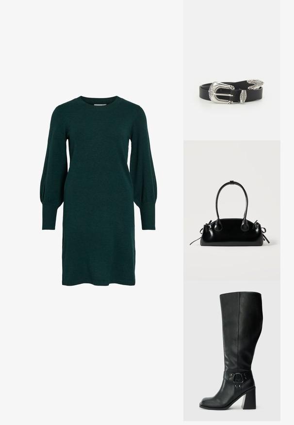 Vestido de punto verde con escote redondeado, mangas largas abullonadas y puños acanalados. La tela parece suave con una textura lisa.; Botas de cuero negro hasta la rodilla con puntera cuadrada, tacón ancho y una correa decorativa con acentos metálicos alrededor del tobillo. Textura suave.; Pequeño bolso negro brillante con dos asas largas y detalles de cordón lateral sobre un fondo claro liso.; Cinturón de cuero negro con una gran hebilla de metal plata que presenta un detallado intrincado y acentos decorativos en ambos extremos.