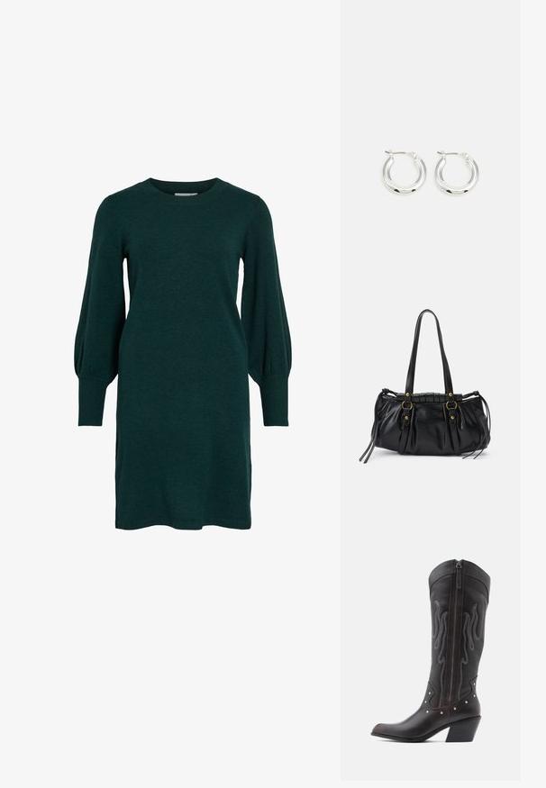 Robe tricotée verte avec un col rond, de longues manches bouffantes et des poignets côtelés. Le tissu semble doux avec une texture lisse.; Bottes de cowboy en cuir marron avec surpiqûres en forme de flammes, fermeture éclair latérale, clous argentés, bout pointu et talon superposé.; Sac à main en cuir noir avec une forme arrondie, deux poignées, des accents en matériel décoratif et des détails de liens sur les côtés. Texture lisse et brillante.; Boucles d'oreilles en argent avec une finition polie, présentant une forme circulaire et une fermeture à charnière. Texture lisse avec un minimum de détails.