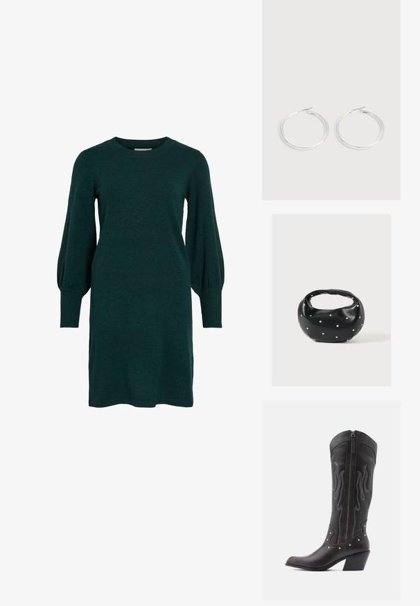 Groene gebreide jurk met een ronde halslijn, lange pofmouwen en geribbelde manchetten. De stof lijkt zacht met een gladde textuur.; Bruine leren cowboylaarzen met vlamstiksels, zijrits, zilveren studs, spits toelopende neus en gestapelde hak.; Zwarte leren handtas met een afgeronde vorm, versierd met zilveren studs, en een korte handgreep. Gladde textuur en ritsluiting.; Een paar glanzende zilveren oorringen met dunne draadafsluitingen, getoond op een lichtgrijze achtergrond.