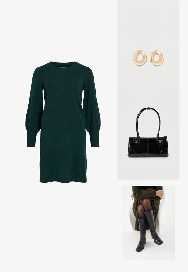 Vestido de punto verde con escote redondeado, mangas largas abullonadas y puños acanalados. La tela parece suave con una textura lisa.; Botas de cuero negro hasta la rodilla con puntera cuadrada y tacón de bloque, presentadas con un modelo sentado en un abrigo verde oliva. Textura suave, mínimo detalle.; Bolso rectangular negro brillante con dos finas correas para el hombro y pequeños detalles de hebilla dorada en la parte frontal.; Par de pendientes de aro de metal en tono dorado pulido, de forma irregular y con centro abierto, sobre un fondo blanco liso.