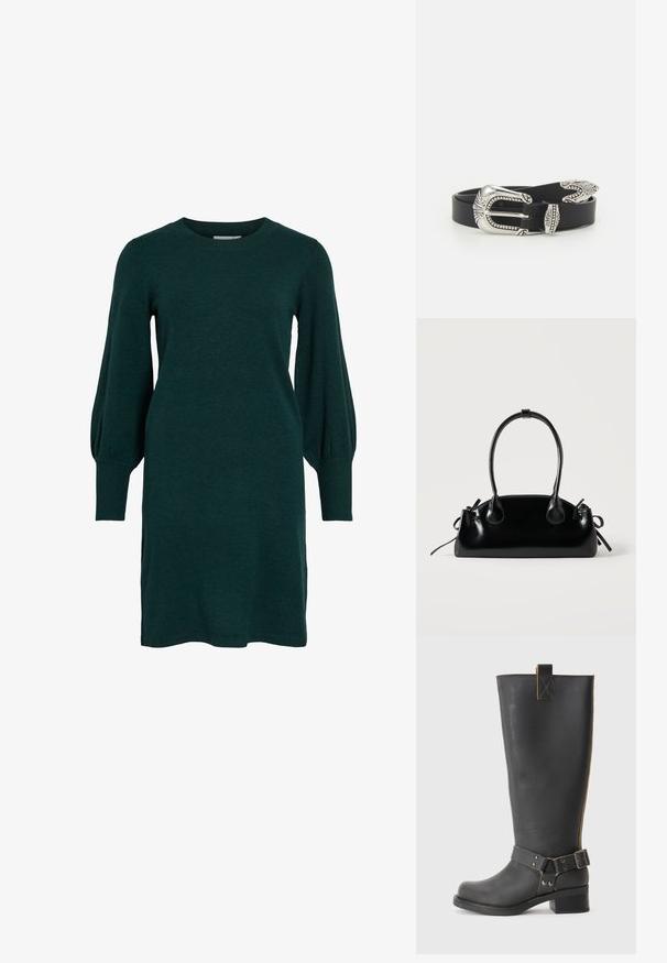 Robe tricotée verte avec un col rond, de longues manches bouffantes et des poignets côtelés. Le tissu semble doux avec une texture lisse.; Bottes noires en cuir, montantes jusqu'au genou, avec une finition texturée, présentant une boucle sur le côté et un talon bas. Couture détaillée le long des coutures.; Petit sac à main noir brillant avec deux longues anses et des détails à cordon sur les côtés sur un fond clair uni.; Ceinture en cuir noir avec une grande boucle en métal argenté dotée de détails complexes et d'accents décoratifs à chaque extrémité.