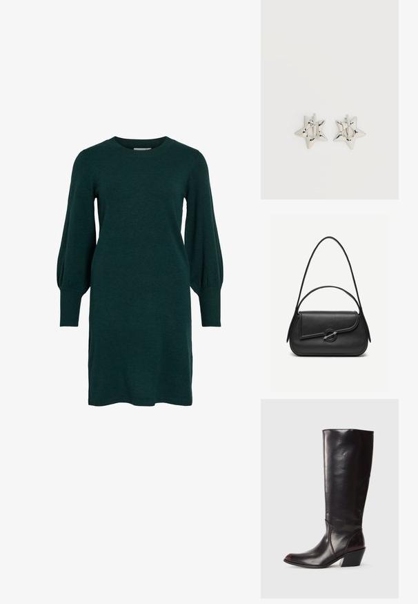 Vestido de punto verde con escote redondeado, mangas largas abullonadas y puños acanalados. La tela parece suave con una textura lisa.; Bota de cuero marrón oscuro hasta la rodilla con punta afilada, tacón angular y textura suave y brillante. Presenta un diseño limpio y detalles de costura.; Bolso de cuero negro con bordes redondeados, solapa asimétrica, cierre circular de metal y correas de hombro cortas y largas.; Pendientes de aro plateados en forma de estrella con un acabado liso y pulido sobre un fondo blanco liso.