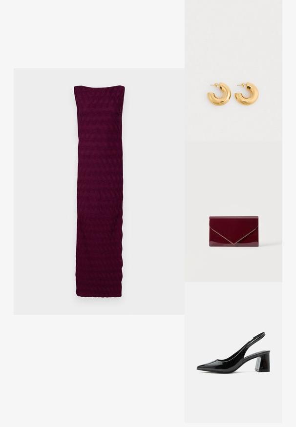 Burgundia kleit, mis on valmistatud tekstuuriga kangast lainelise mustriga, omab rihmata disaini ja sirget äärt alumises osas.; Mustast lakknahast slingback stiilis king varvaste tipuga ja robustse keskmise kõrgusega plokk-kontsaga valgel taustal.; Läikiv tumepunane ümbriku stiilis käekott kuldse äärega klapi serval lihtsal heledal taustal.; Kuldne rõngas kõrvarõngad siledas, läikivas viimistluses. C-kujuline disain poleeritud pinnaga. Sisaldab teravat postit, et tagada kindel kinnitamine.