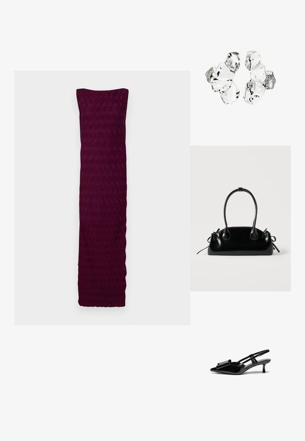 Bordeaux jurk gemaakt van textiel met een golvend patroon, met een strapless ontwerp en een rechte zoom aan de onderkant.; Zwarte gepatineerde lederen slingback hakken met een puntige neus, een strikdetail aan de voorkant en een kleine stilettohak. De bandjes hebben verstelbare gespen.; Kleine zwarte glanzende handtas met twee lange hengsels en zijkant trekkoord details op een effen lichte achtergrond.; Cluster van zes onregelmatig gevormde, doorschijnende en reflecterende glasachtige stukken die zijn gerangschikt op een witte achtergrond.