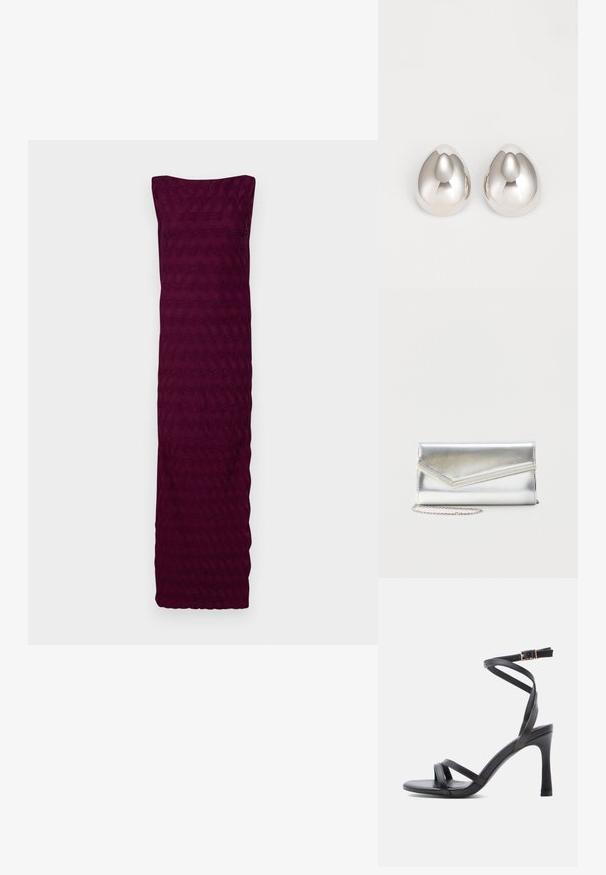 Bordeaux jurk gemaakt van textiel met een golvend patroon, met een strapless ontwerp en een rechte zoom aan de onderkant.; Zwarte sandalen met hoge hak en elegant ontwerp, voorzien van twee smalle bandjes over de tenen en een gekruist enkelbandje met gespsluiting.; Glanzende zilveren clutch met envelopvormige klep en decoratieve rand, klein zilveren kettingriempje, op een effen lichte achtergrond.; Zilveren metalen oorcuffs met een glad, rond ontwerp dat lijkt op de vorm van een druppel, met een reflecterende oppervlakte en een naadloze afwerking.