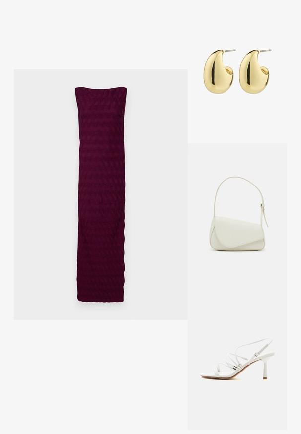 Bordeaux jurk gemaakt van textiel met een golvend patroon, met een strapless ontwerp en een rechte zoom aan de onderkant.; Witte sandaal met hoge hak en dunne bandjes, zilveren accenten, een vierkante neus en een smalle middenhoge hak op een effen witte achtergrond.; Witte nepleren handtas met een gestructureerde driehoekige vorm, een enkele verstelbare schouderriem en een klep met ronde accenten.; Gouden studs met een gladde, gepolijste afwerking, in een abstracte, druppelvorm. Eenvoudige metalen achterzijde voor bevestiging.
