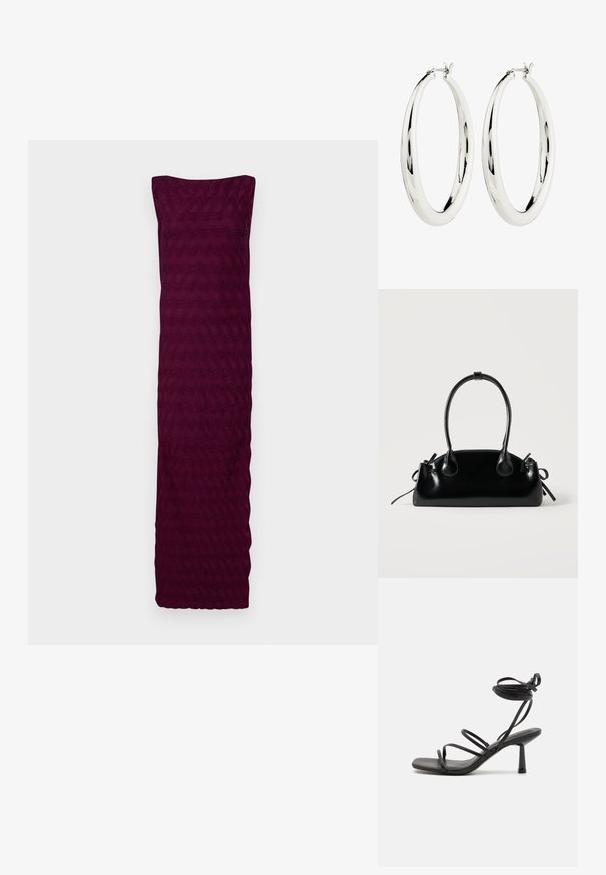 Bordeaux jurk gemaakt van textiel met een golvend patroon, met een strapless ontwerp en een rechte zoom aan de onderkant.; Zwarte bandjes sandaal met een vierkante neus, verstelbare enkelbandjes en een slanke blokhak. Gemaakt van een glad, duurzaam materiaal.; Kleine zwarte glanzende handtas met twee lange hengsels en zijkant trekkoord details op een effen lichte achtergrond.; Zilveren creool oorbellen met een gladde, reflecterende oppervlak. Ronde, grote vorm met een veilige sluiting aan de bovenkant. Gepolijste afwerking toont de glans.
