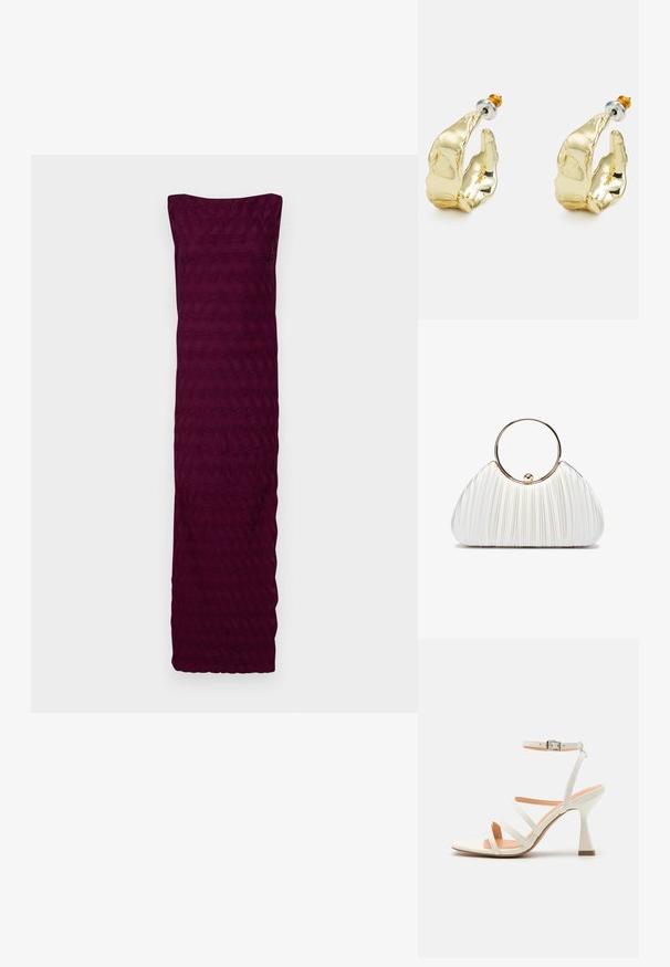 Bordeaux jurk gemaakt van textiel met een golvend patroon, met een strapless ontwerp en een rechte zoom aan de onderkant.; Witte sandaal met hoge hakken en straps, met een enkelgesp, een gladde textuur, vierkante neus en een sculptuurhak. Lichtbeige binnenzool.; Witte geplooide handtas met een ronde gouden handgreep, gemaakt van zacht materiaal en een afgeronde vorm. Elegante uitstraling met een gestructureerde afwerking.; Goudkleurige oorbellen in de vorm van abstracte handen, met een glanzend oppervlak, ingewikkelde details en een zilver- en goudkleurige post voor een veilige bevestiging.