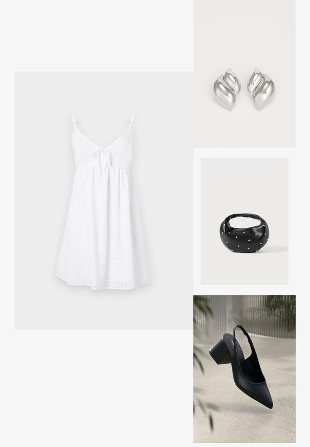 Vestido blanco sin mangas con tirantes finos, que presenta un lazo en la parte delantera, un corsé holgado y un patrón de gingham texturizado.; Zapato de tacón slingback de cuero negro con punta afilada y tacón cuadrado. Textura suave, diseño minimalista y correa ajustable en el tobillo.; Bolso de mano de cuero negro con forma redondeada, decorado con detalles de tachuelas plateadas y un asa corta. Textura lisa y cierre con cremallera.; Pendientes de plata con una forma orgánica y abstracta. Superficie lisa y brillante con un diseño cónico. Presentan suaves curvas y un detalle de línea central.