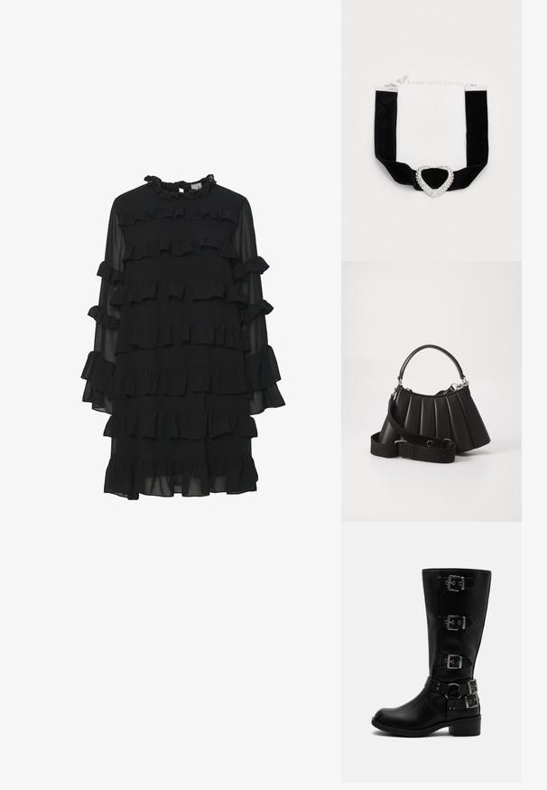 Schwarzes Kleid mit einem Rüschendesign, das lange Ärmel, einen hohen Kragen und mehrere Stufen von Rüschen für Textur und visuelle Details aufweist.; Schwarzer Lederstiefel bis zur Mitte der Wade mit vier verstellbaren Metallriemen und niedrigem Blockabsatz auf weißem Hintergrund.; Schwarze, gefaltete Handtasche mit einem runden Griff, verstellbarem Schulterriemen und glänzender Textur. Verfügt über silberne Hardware und eine strukturierte Silhouette.; Schwarzes Samt-Choker mit einem herzförmigen, mit Strass verzierten Mittelstück und silberner Hardware, ausgestattet mit einer verstellbaren Kette.