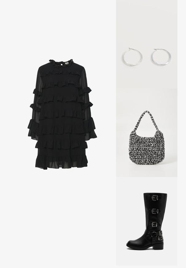 Schwarzes Kleid mit einem Rüschendesign, das lange Ärmel, einen hohen Kragen und mehrere Stufen von Rüschen für Textur und visuelle Details aufweist.; Schwarzer Lederstiefel bis zur Mitte der Wade mit vier verstellbaren Metallriemen und niedrigem Blockabsatz auf weißem Hintergrund.; Gewebte Handtasche in Schwarz und Weiß mit runder Form, strukturiertem Oberflächenfinish und geflochtener Grifffläche. Geeignet für den lässigen Gebrauch.; Silberne Metallcreolen mit glatter, leicht gebogener Oberfläche und Klappverschluss vor schlicht weißem Hintergrund.
