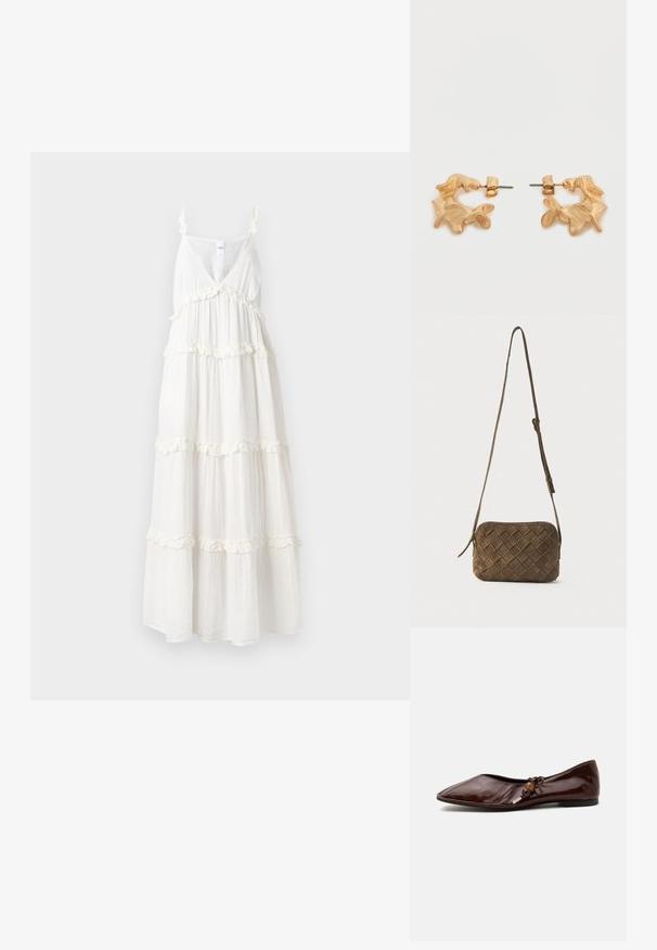 Vestido maxi blanco con un escote en V profundo, tirantes finos y volantes en capas a lo largo del dobladillo. Hecho de una tela ligera y fluida para mayor comodidad.; Zapato plano de cuero marrón oscuro con punta afilada, con un lazo decorativo y cuentas de madera en el lateral sobre un fondo blanco.; Bolso bandolera de ante marrón con un patrón de diamante tejido y una correa larga ajustable sobre un fondo liso.; Pendientes de tono dorado con una forma abstracta y orgánica, que presentan una superficie texturizada y un cierre de poste trasero.