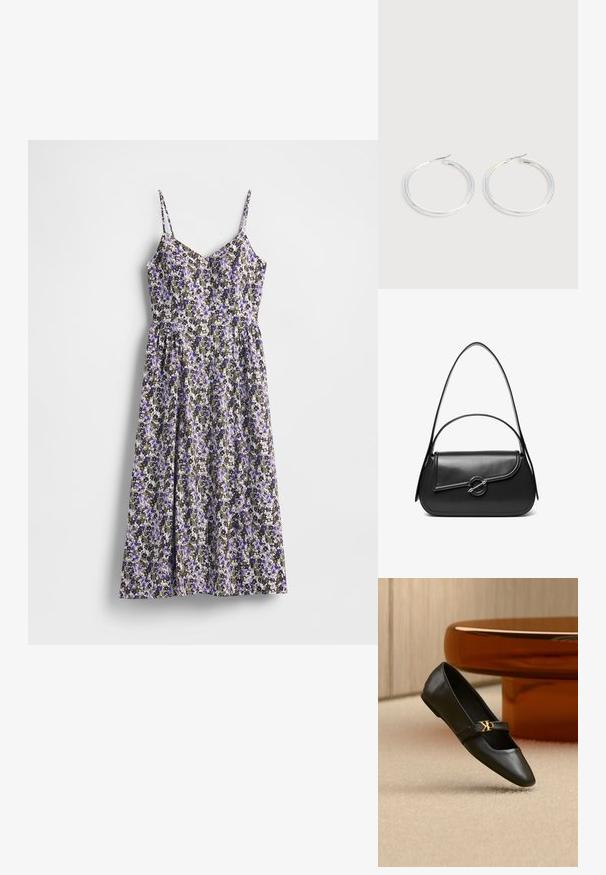 Robe fleurie avec bretelles fines ajustables, présentant un petit motif de fleurs violettes et noires sur un fond clair, tissu fluide, silhouette trapèze.; Chaussure plate en cuir noir avec bout pointu et logo CK doré sur la bride, posée sur un tapis beige près d'une table ronde couleur ambre brun.; Sac à bandoulière en cuir noir avec un rabat incurvé fermé par un fermoir métallique rond et une sangle fine et ajustable.; Paire de boucles d'oreilles créoles argentées brillantes avec fermoirs en fil fin, présentée sur un fond gris clair.